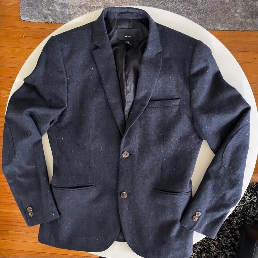 H&M Men’s Regular Fit Wool Blend Blazer Sport Coat Navy Elbow Patch Size 40R